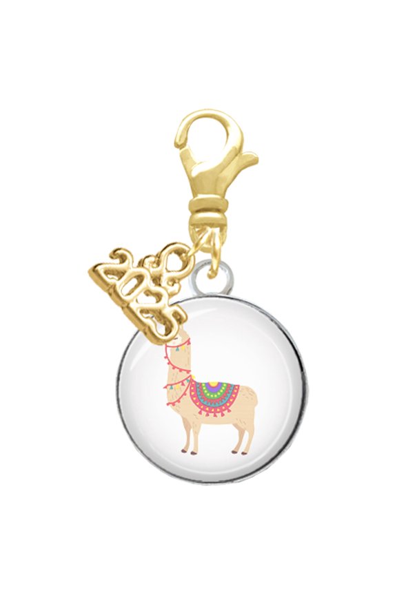 Silver-tone Domed Llama - Gold-tone Clip on Charm with Mini Year 2025