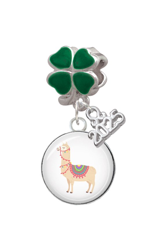 Silver-tone Domed Llama - Good Luck Green Four Leaf Clover Charm Bead Dangle with Mini 2025