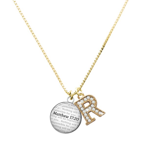 Delight Jewelry Silver-tone Domed Matthew 17:20 - Large Goldtone Crystal Initial - R - Charm Necklace, 17.5"+2"