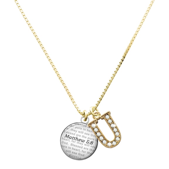 Delight Jewelry Silver-tone Domed Matthew 5:8 - Large Goldtone Crystal Initial - U - Charm Necklace, 17.5"+2"