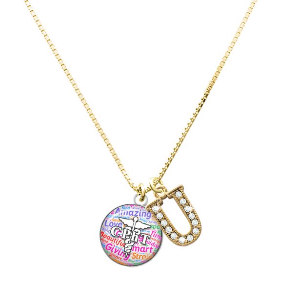 Delight Jewelry Silver-tone Domed Multi Color CPhT - Large Goldtone Crystal Initial - U - Charm Necklace, 17.5"+2"