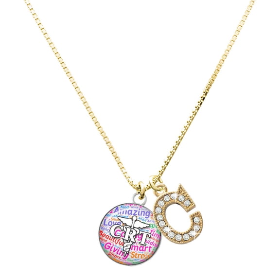Delight Jewelry Silver-tone Domed Multi Color CRT - Large Goldtone Crystal Initial - C - Charm Necklace, 17.5"+2"