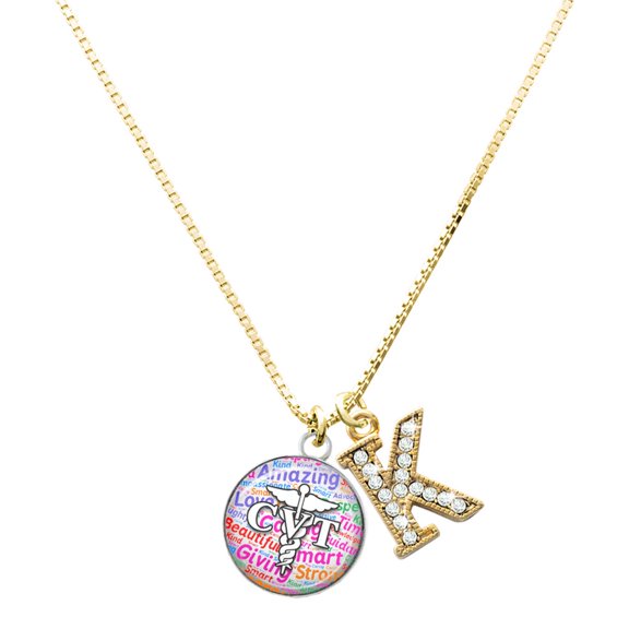 Delight Jewelry Silver-tone Domed Multi Color CVT Charm and Goldtone Crystal Initial K Charm Necklace, 17.5"+2"