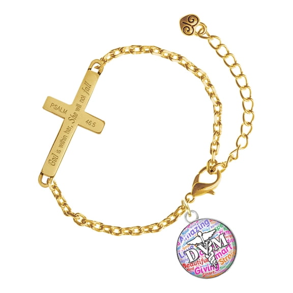 Delight Jewelry Silver-tone Domed Multi Color DVM - Gold Tone Psalm 46:5 She will not fall Engraved Cross Charm Bracelet, 6.5+1.5" Extender