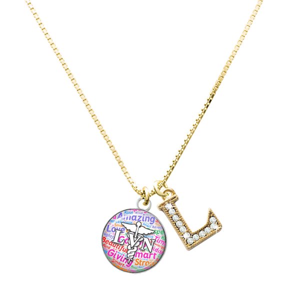 Delight Jewelry Silver-tone Domed Multi Color LVN - Large Goldtone Crystal Initial - L - Charm Necklace, 17.5"+2"