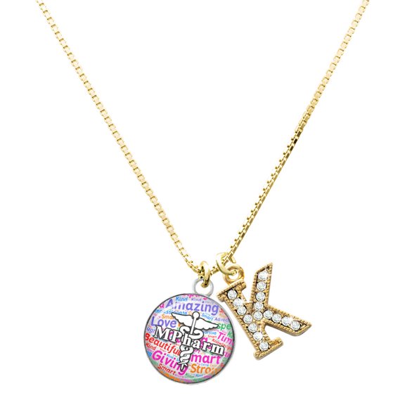 Delight Jewelry Silver-tone Domed Multi Color MPharm - Large Goldtone Crystal Initial - K - Charm Necklace, 17.5"+2"