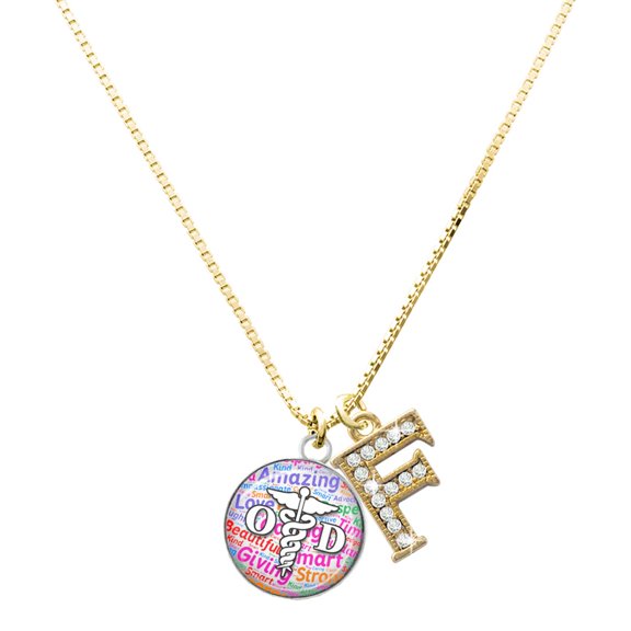 Delight Jewelry Silver-tone Domed Multi Color OD Charm and Goldtone Crystal Initial F Charm Necklace, 17.5"+2"