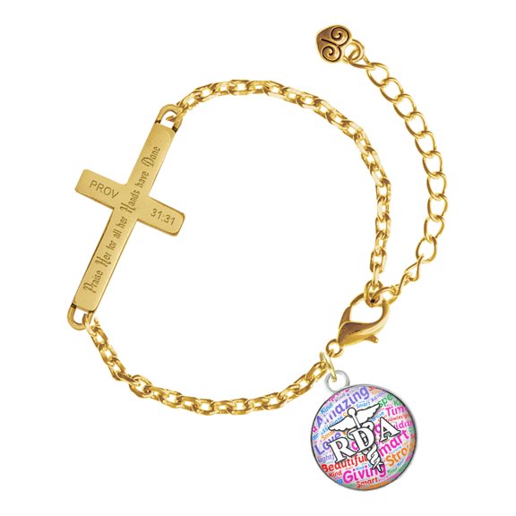 Delight Jewelry Silver-tone Domed Multi Color RDA - Gold Tone Proverbs 31:31 Praise Her for all Her Hands have Done Engraved Cross Charm Bracelet, 6.5+1.5" Extender