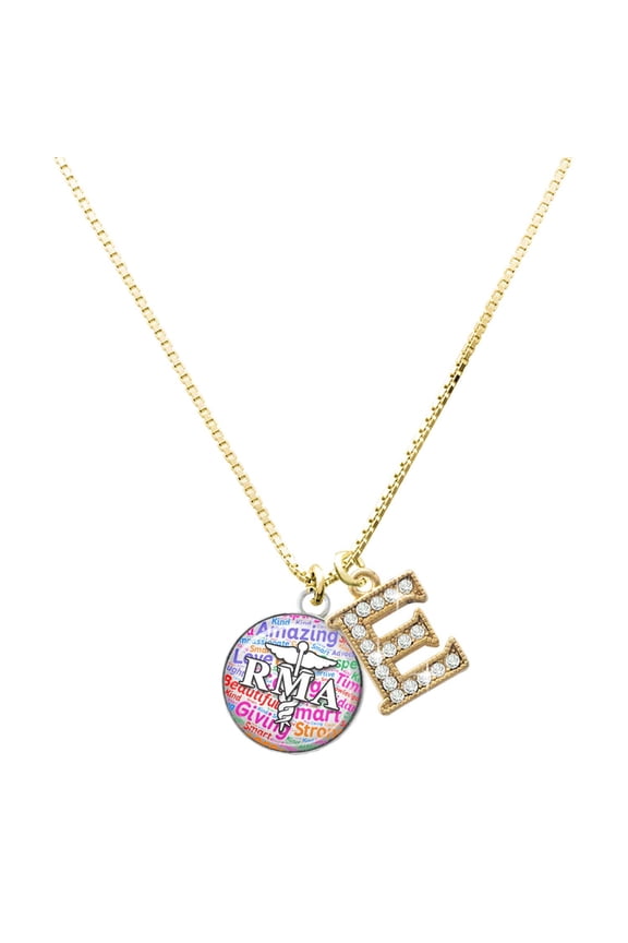 Silver-tone Domed Multi Color RMA - Large Goldtone Crystal Initial - E - Charm Necklace, 17.5"+2"
