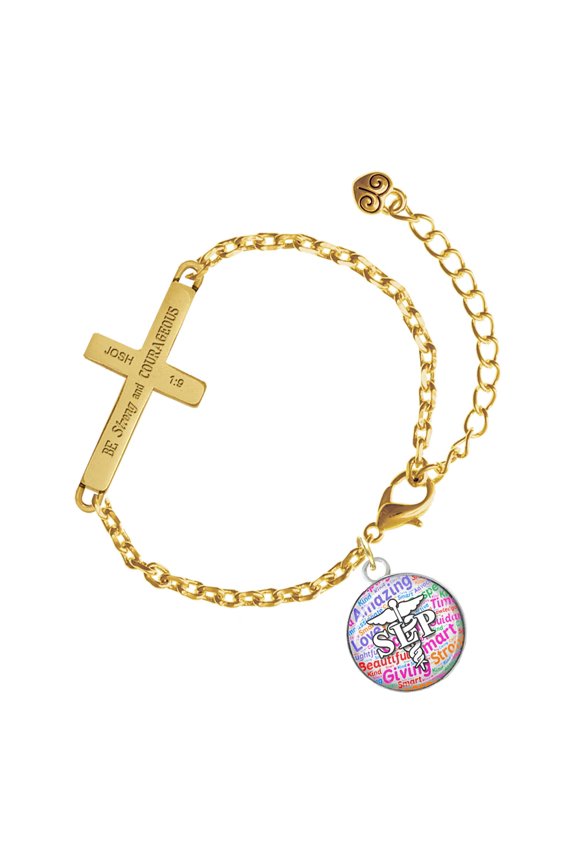 Silver-tone Domed Multi Color SLP - Gold Tone Joshua 1:9 Strong and Courageous Engraved Cross Charm Bracelet, 6.5+1.5" Extender