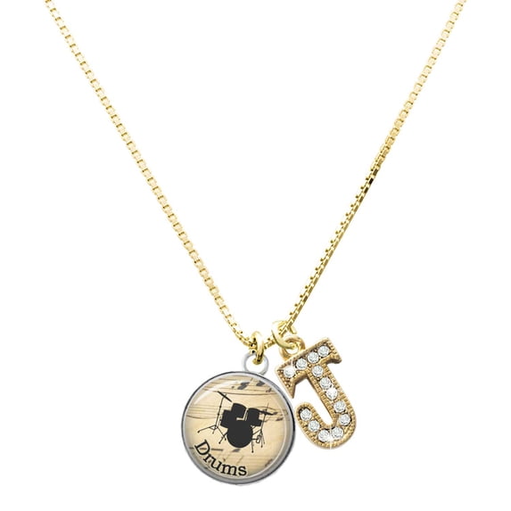 Delight Jewelry Silver-tone Domed Music - Drums - Large Goldtone Crystal Initial - J - Charm Necklace, 17.5"+2"