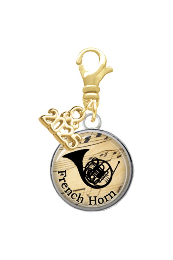 Silver-tone Domed Music - French Horn - Gold-tone Clip on Charm with Mini Year 2025