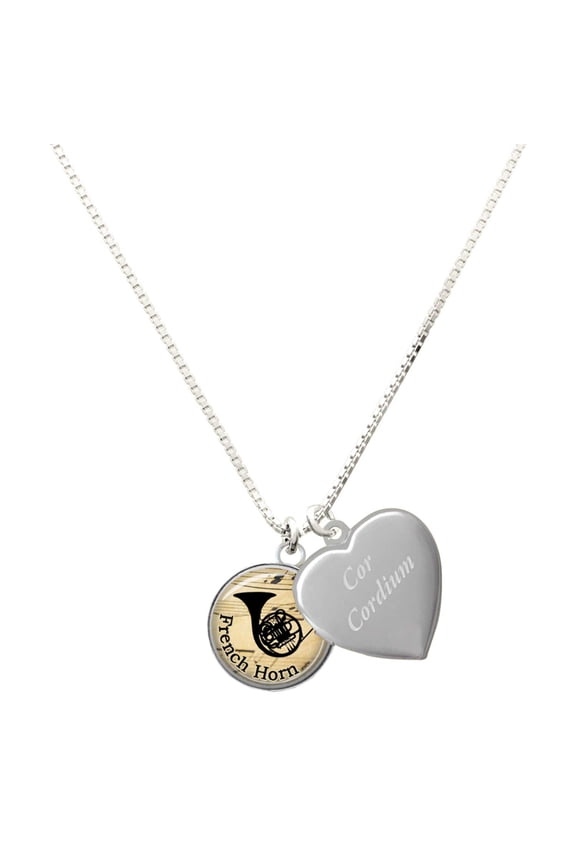 Silver-tone Domed Music - French Horn - Silver Plated Engraved Cor Cordium Heart Locket Necklace, 17.5"+2" Extender