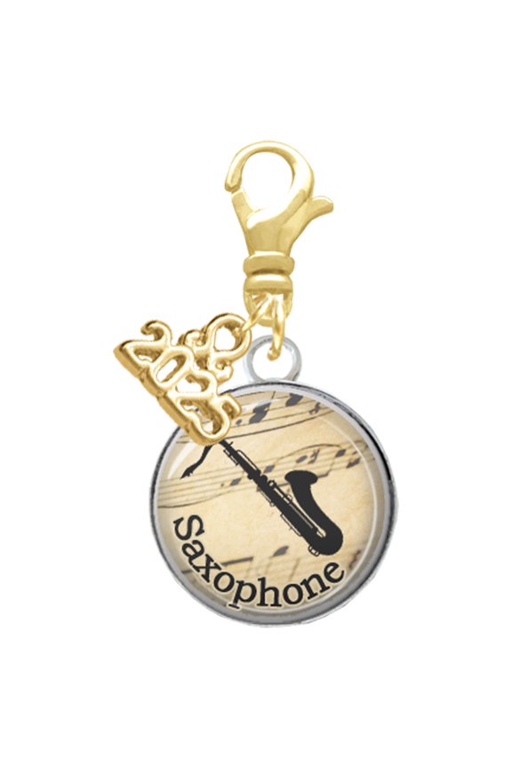 Silver-tone Domed Music - Saxophone - Gold-tone Clip on Charm with Mini Year 2025