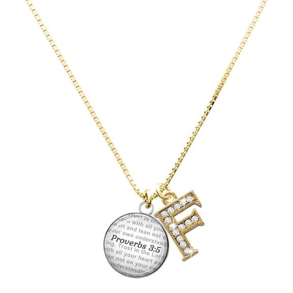 Delight Jewelry Silver-tone Domed Proverbs 3:5 Charm and Goldtone Crystal Initial F Charm Necklace, 17.5"+2"
