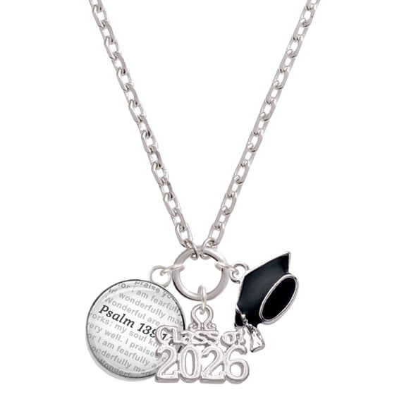 Delight Jewelry Silver-tone Domed Psalm 139:14 - Class of 2026 Graduation Zoey Charm Necklace, 28"