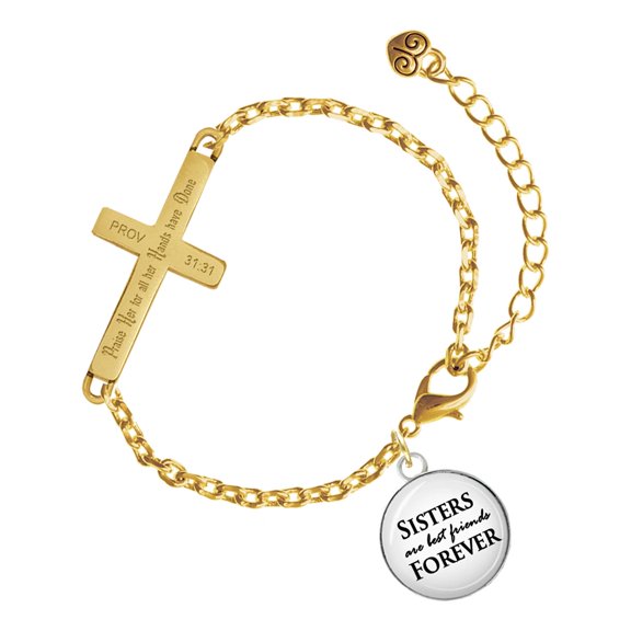Delight Jewelry Silver-tone Domed Sisters are Best Friends Forever - Gold Tone Proverbs 31:31 Praise Her for all Her Hands have Done Engraved Cross Charm Bracelet, 6.5+1.5" Extender