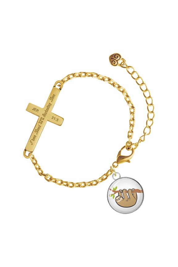 Silver-tone Domed Sloth - Gold Tone Jeremiah 31:3 Everlasting Love Engraved Cross Charm Bracelet, 6.5+1.5" Extender