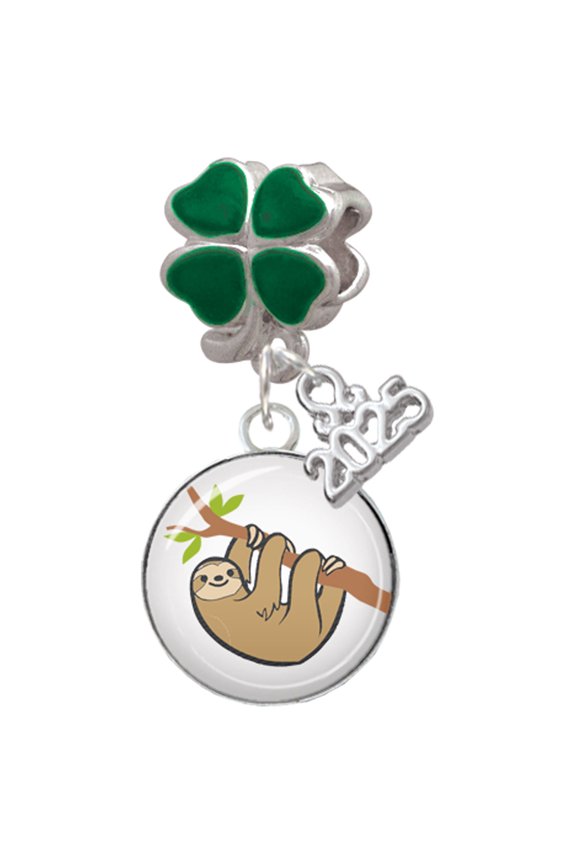 Silver-tone Domed Sloth - Good Luck Green Four Leaf Clover Charm Bead Dangle with Mini 2025