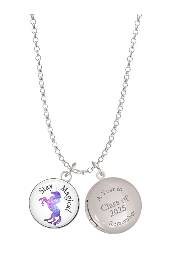 Silver-tone Domed Stay Magical Unicorn - Class of 2025 Year to Remember Locket Charm Necklace, 19+2" Extender