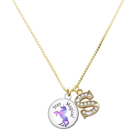 Delight Jewelry Silver-tone Domed Stay Magical Unicorn - Large Goldtone Crystal Initial - S - Charm Necklace, 17.5"+2"