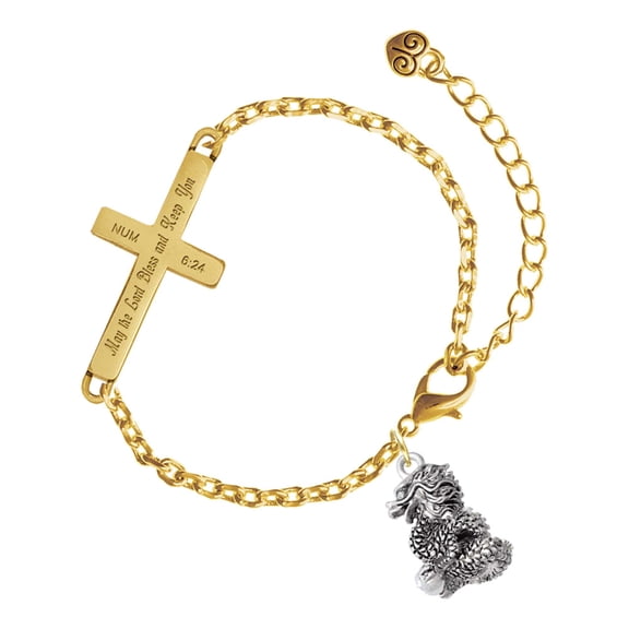 Delight Jewelry Silver-tone Dragon with AB Crystal Eyes & Clear Ball - Gold Tone Numbers 6:24 May the Lord Bless You Engraved Cross Charm Bracelet, 6.5+1.5" Extender