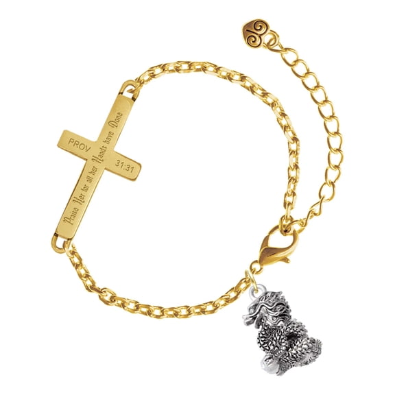 Delight Jewelry Silver-tone Dragon with AB Crystal Eyes & Clear Ball - Gold Tone Proverbs 31:31 Praise Her for all Her Hands have Done Engraved Cross Charm Bracelet, 6.5+1.5" Extender