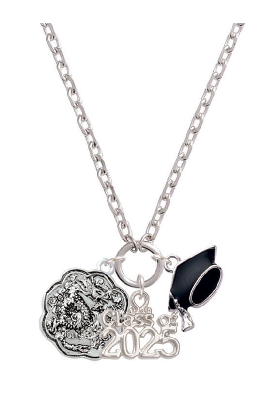 Silver-tone Dragon and Phoenix Medallion - Silver-tone Class of 2025 Graduation Zoey Necklace, 28"