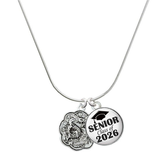 Delight Jewelry Silver-tone Dragon and Phoenix Medallion - Silvertone Senior Class of 2026 Dome Necklace, 18"
