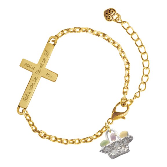 Delight Jewelry Silver-tone Easter Egg Basket - Gold Tone Psalm 46:5 She will not fall Engraved Cross Charm Bracelet, 6.5+1.5" Extender