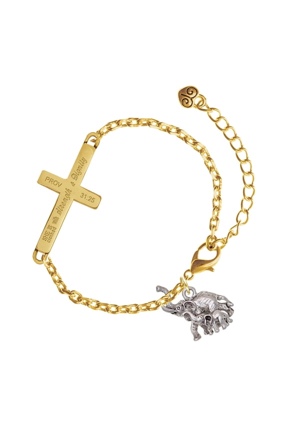 Silver-tone Elephant with Calf - Gold Tone Proverbs 31:25 She is Clothed with Strength and Dignity Engraved Cross Charm Bracelet, 6.5+1.5" Extender