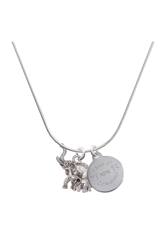 Silver-tone Elephant with Calf - Engraved Congrats Class of 2026 Charm Necklace, 18"