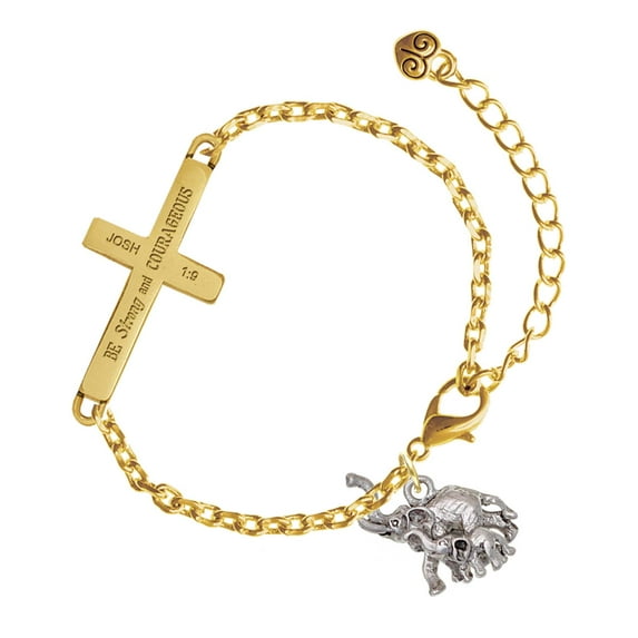 Delight Jewelry Silver-tone Elephant with Calf - Gold Tone Joshua 1:9 Strong and Courageous Engraved Cross Charm Bracelet, 6.5+1.5" Extender