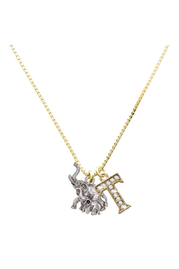 Silver-tone Elephant with Calf - Large Goldtone Crystal Initial - T - Charm Necklace, 17.5"+2"