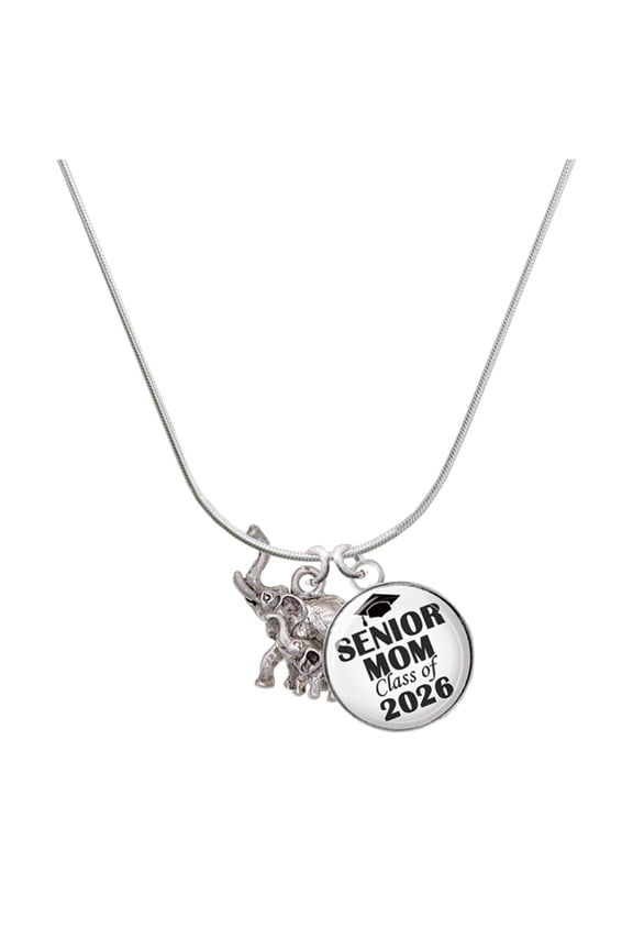Silver-tone Elephant with Calf - Silvertone Senior Mom Class of 2026 Dome Necklace, 18"
