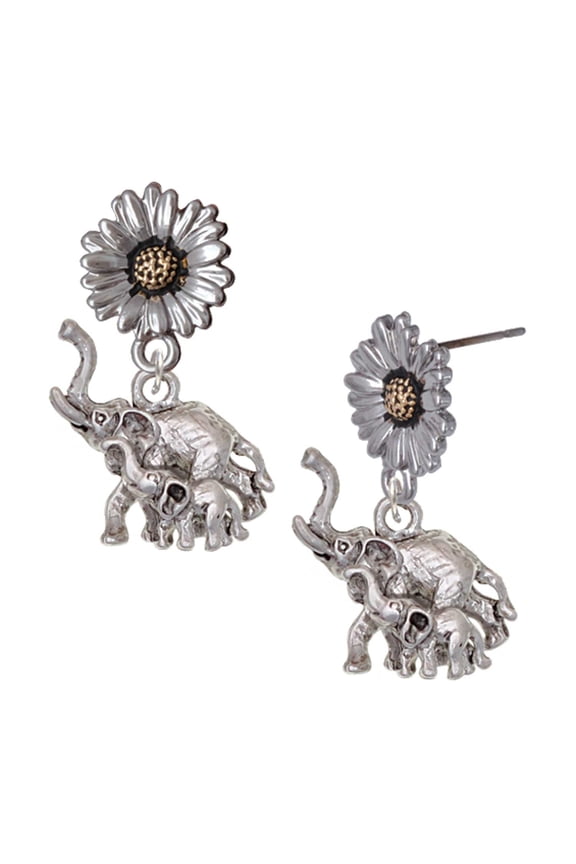 Silver-tone Elephant with Calf - Two-tone Daisy Flower Post Earrings
