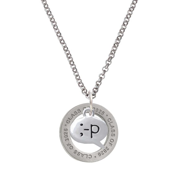 Delight Jewelry Silver-tone Emoticon :-P - Cheeky - Class of 2026 Affirmation Ring Necklace, 23"