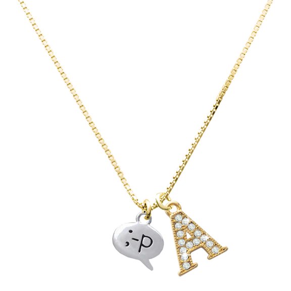 Delight Jewelry Silver-tone Emoticon :-P - Cheeky - Large Goldtone Crystal Initial - A - Charm Necklace, 17.5"+2"