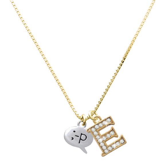 Delight Jewelry Silver-tone Emoticon :-P - Cheeky - Large Goldtone Crystal Initial - E - Charm Necklace, 17.5"+2"