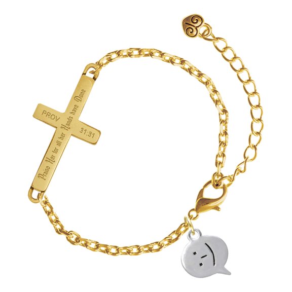 Delight Jewelry Silver-tone Emoticon :-) - Smiling - Gold Tone Proverbs 31:31 Praise Her for all Her Hands have Done Engraved Cross Charm Bracelet, 6.5+1.5" Extender