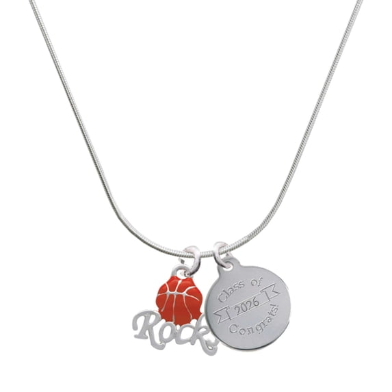 Delight Jewelry Silver-tone Enamel Basketball ''Rocks'' - Engraved Congrats Class of 2026 Charm Necklace, 18"
