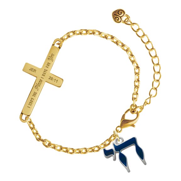 Delight Jewelry Silver-tone Enamel Blue Chai - Gold Tone Jeremiah 29:11 I Have Plans for You Engraved Cross Charm Bracelet, 6.5+1.5" Extender