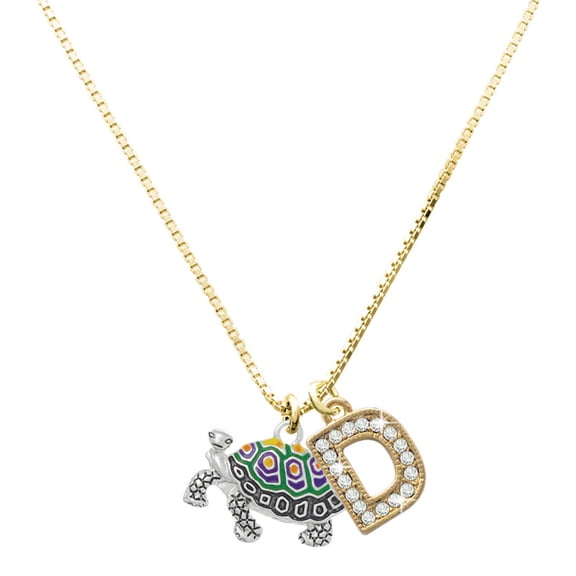 Delight Jewelry Silver-tone Enamel Side Turtle with a Large Goldtone Crystal Initial - D - Charm Necklace, 17.5"+2"