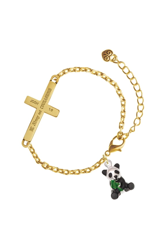 Silver-tone Enamel Sitting Panda - Gold Tone Joshua 1:9 Strong and Courageous Engraved Cross Charm Bracelet, 6.5+1.5" Extender