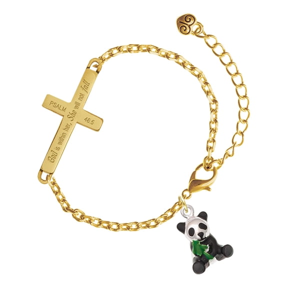 Delight Jewelry Silver-tone Enamel Sitting Panda - Gold Tone Psalm 46:5 She will not fall Engraved Cross Charm Bracelet, 6.5+1.5" Extender