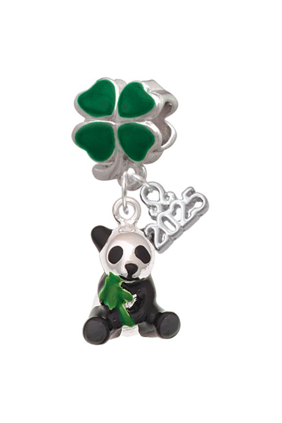 Silver-tone Enamel Sitting Panda - Good Luck Green Four Leaf Clover Charm Bead Dangle with Mini 2025