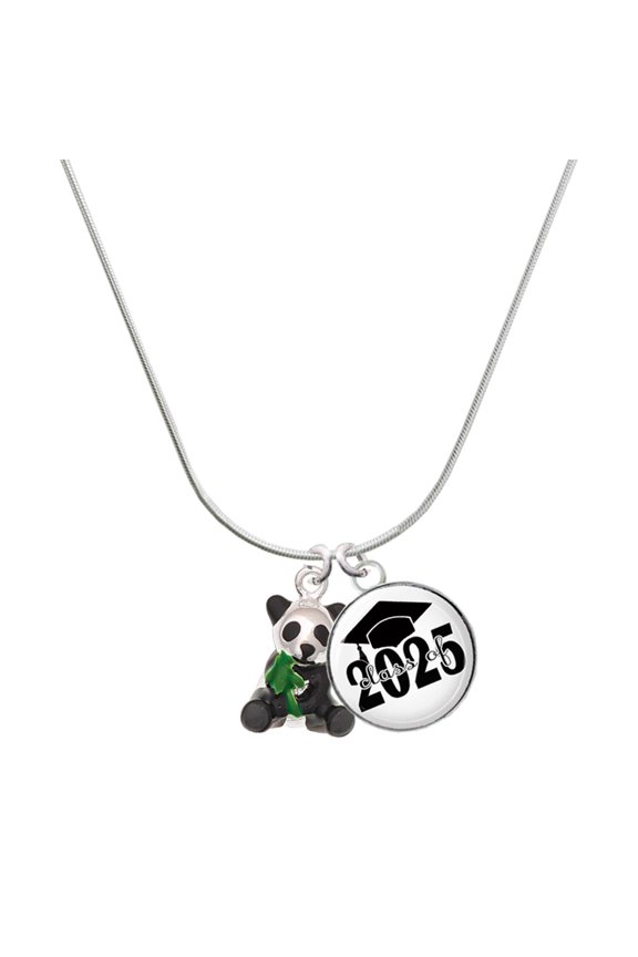 Silver-tone Enamel Sitting Panda - Script Class of 2025 Dome Charm Necklace, 18"