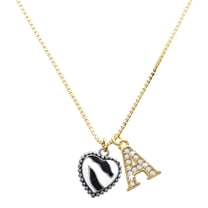 Delight Jewelry Silver-tone Enamel Zebra Print Heart - Large Goldtone Crystal Initial - A - Charm Necklace, 17.5" 2"
