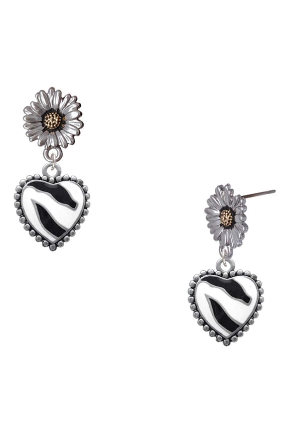 Silver-tone Enamel Zebra Print Heart - Two-tone Daisy Flower Post Earrings