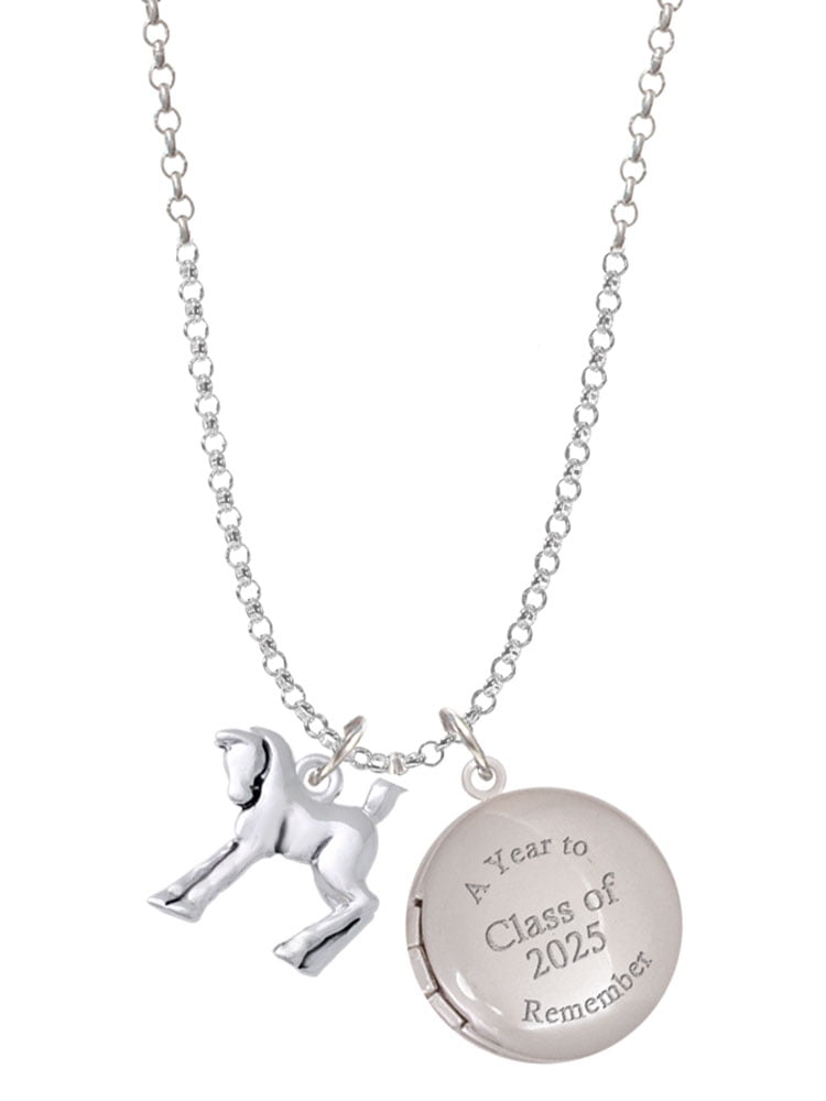 Delight Jewelry Silver-tone Equestrian Horse - Class of 2025 Year to Remember Locket Charm Necklace, 19+2" Extender